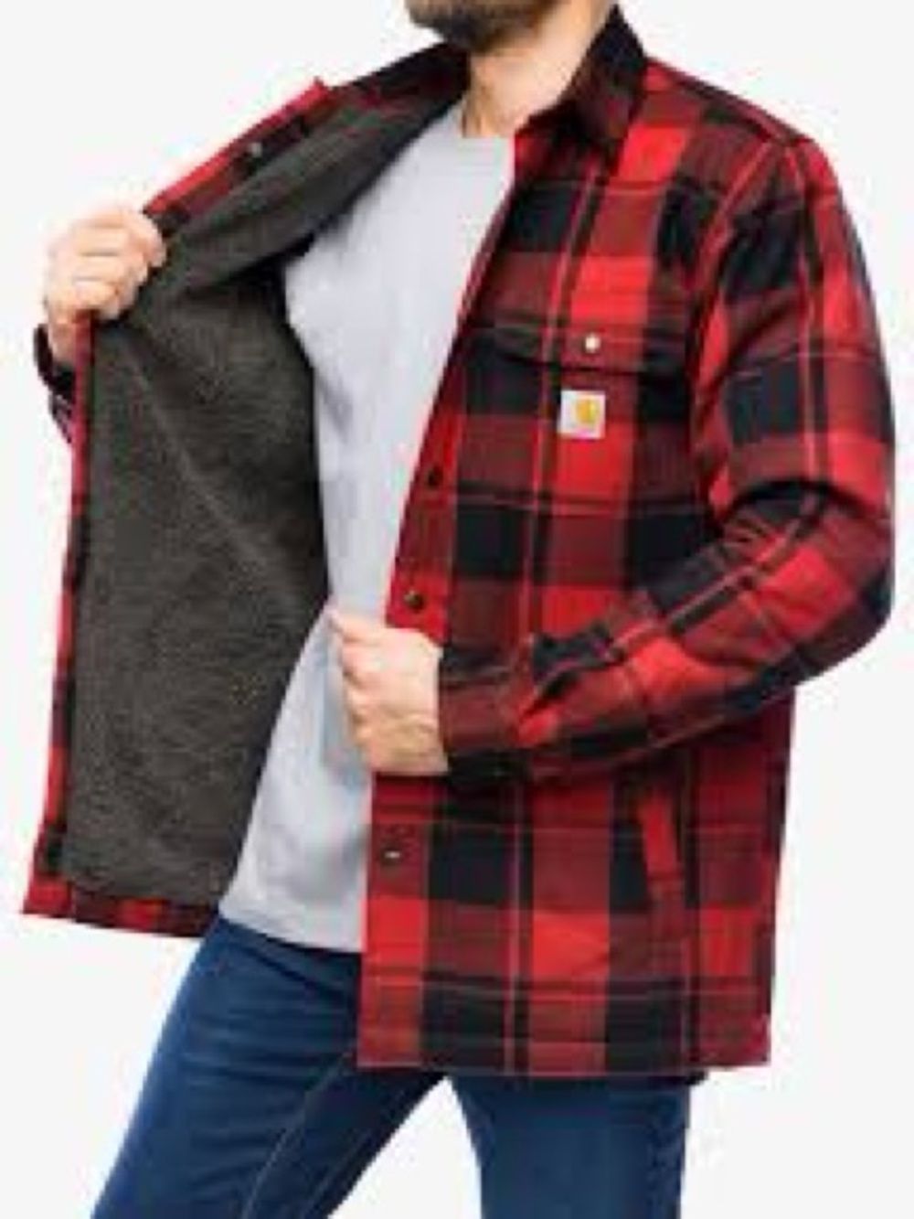 Carhartt Shirt Jacket Mens XL Red Black Plaid Relaxed Fit Sherpa Lined